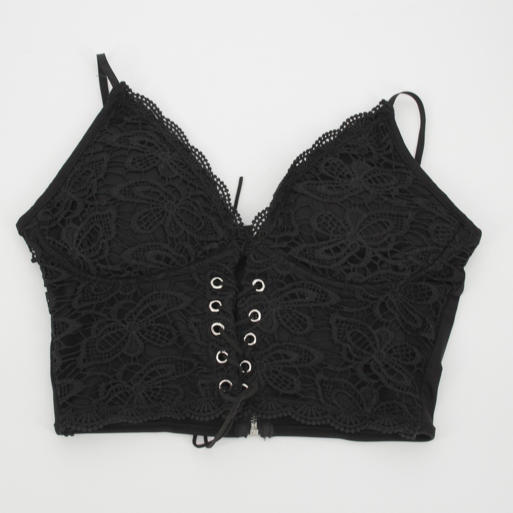 Hesperus NWOT Women's Black Lace Up Front Floral Lace Camiβ Crop Top Size XS